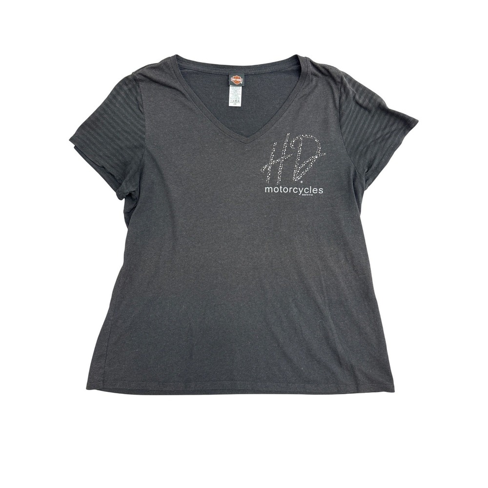 Harley-Davidson Womens 2X Black V-Neck Rhinestone HD Dealer Graphic T-Shirt